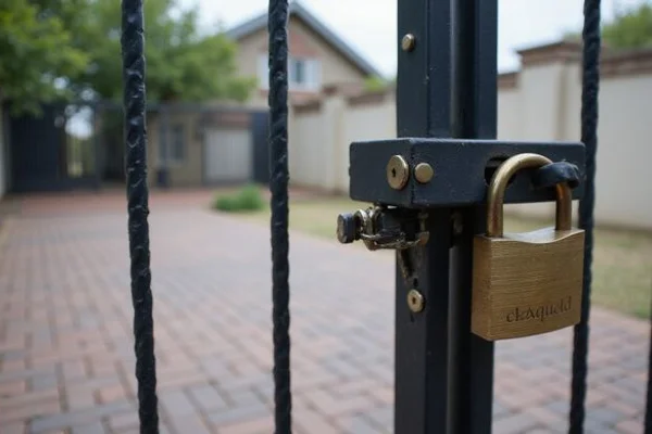 Heavy duty gate lock and padlock installed on residential gate