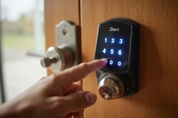 Smart keypad deadbolt lock installed on wooden front door